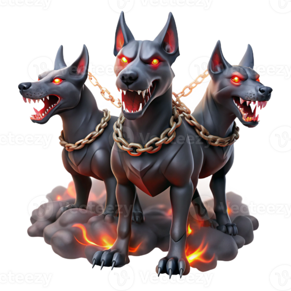 serene artistic Cerberus, the three-headed hound of Hades, with glowing red eyes, chains of blackened iron, surrounded by swirling Stygian smoke, dark fantasy painting high quality png