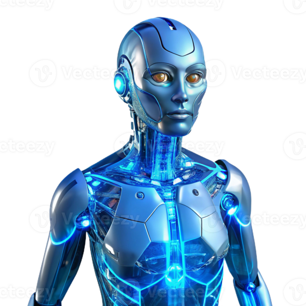 dramatic abstract A transparent humanoid android with glowing circuitry, intricate internal mechanisms visible, ethereal blue backlighting, futuristic style high resolution png
