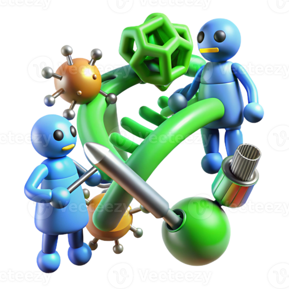 beautiful abstract A group of nanobots repairing a damaged DNA strand, microscopic view, vibrant green and blue hues, scientific illustration style professional png