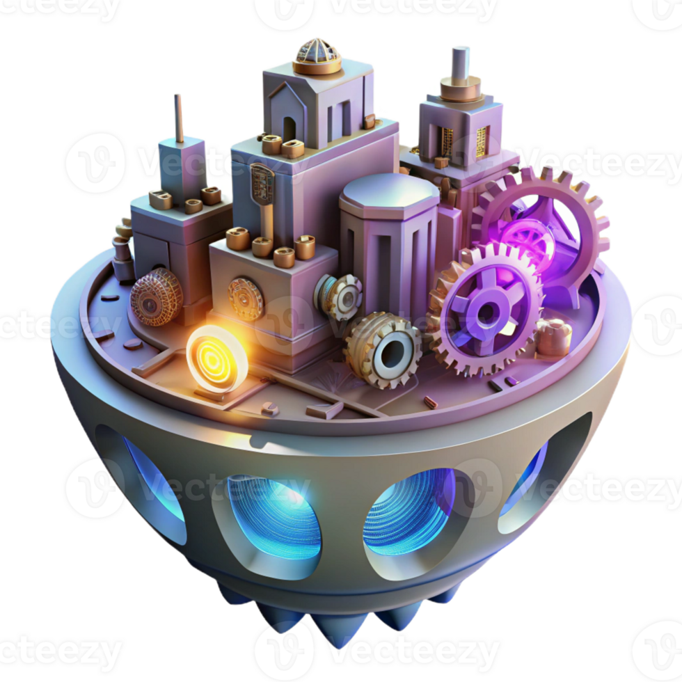 serene vintage A floating city made of interconnected gears and cogs, illuminated by flickering neon lights. Steampunk style premium png