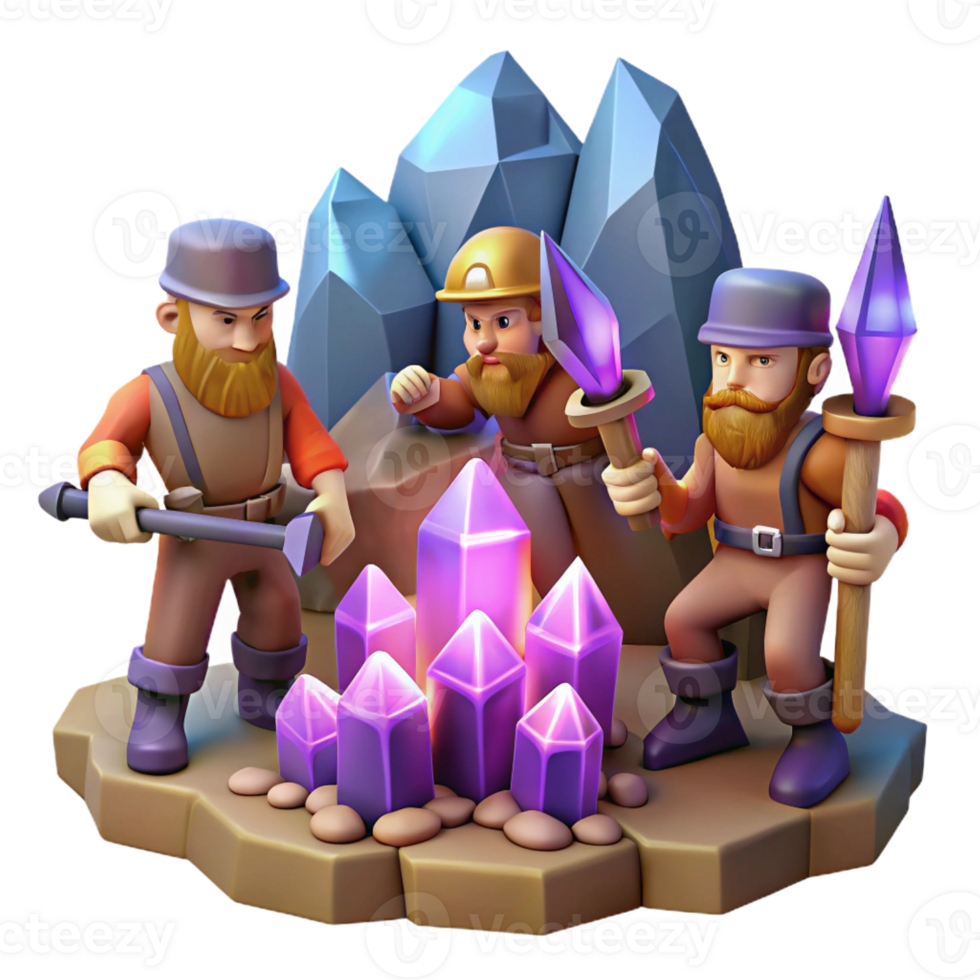 extraordinary contemporary A group of adventurous dwarves mining for gems in a cavern, lit by glowing crystals. Realistic style exclusive png