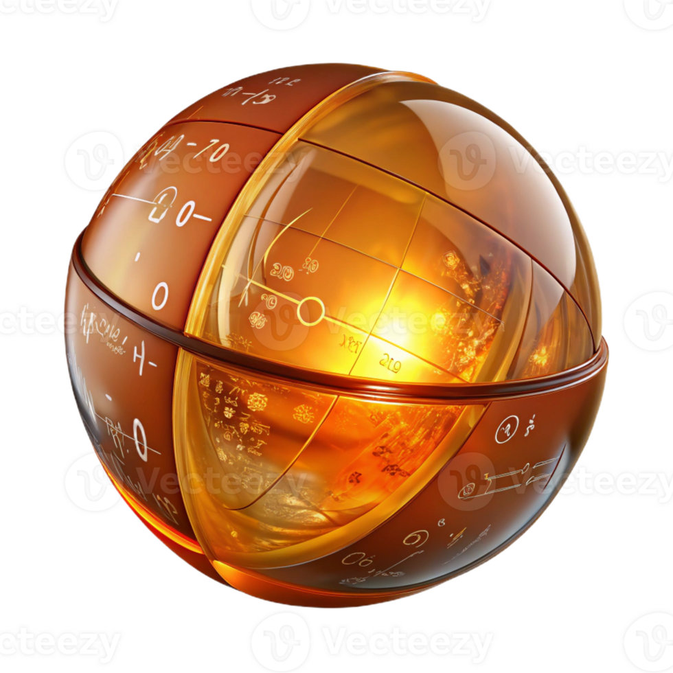 elegant contemporary A transparent, levitating sphere displaying complex mathematical equations, rotating slowly, illuminated by a warm, golden light genuine png