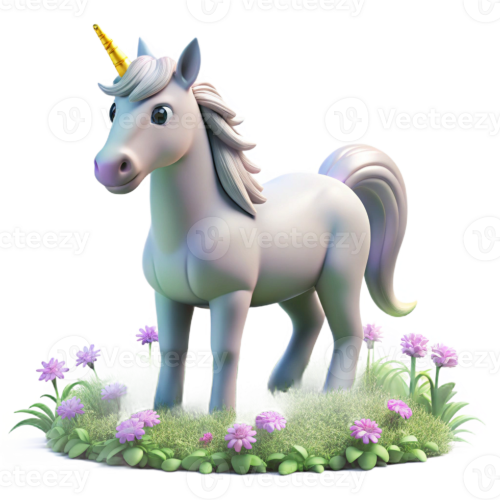 impressive artistic A benevolent unicorn, with a horn of spiraling silver, grazing in a field of wildflowers, bathed in the soft light of dawn. Children's book illustration style premium png