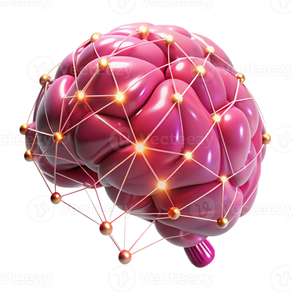 serene artistic A human brain connected to a network of glowing wires, illuminated by pulsating pink light, in a cyberpunk style authentic png