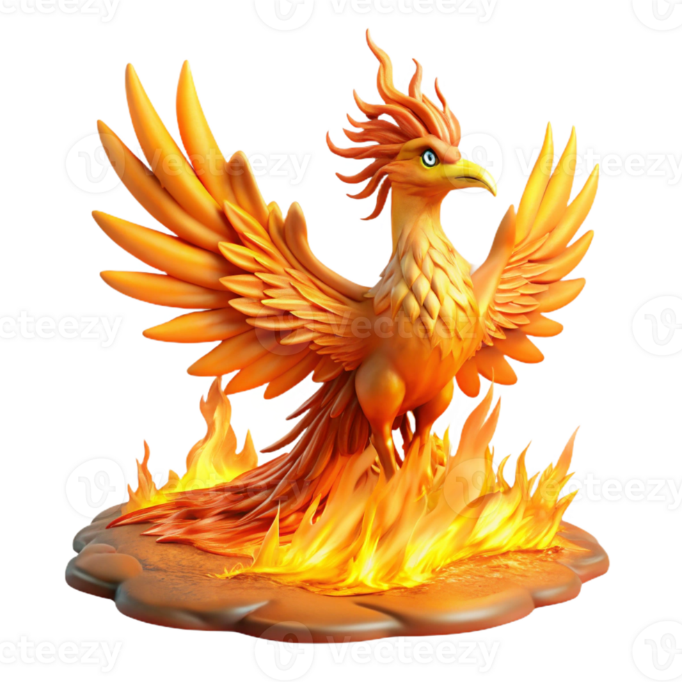 magnificent rustic A majestic phoenix, engulfed in vibrant flames, rising from a bed of glowing embers, illuminated by the fiery glow. Surrealist style high quality png