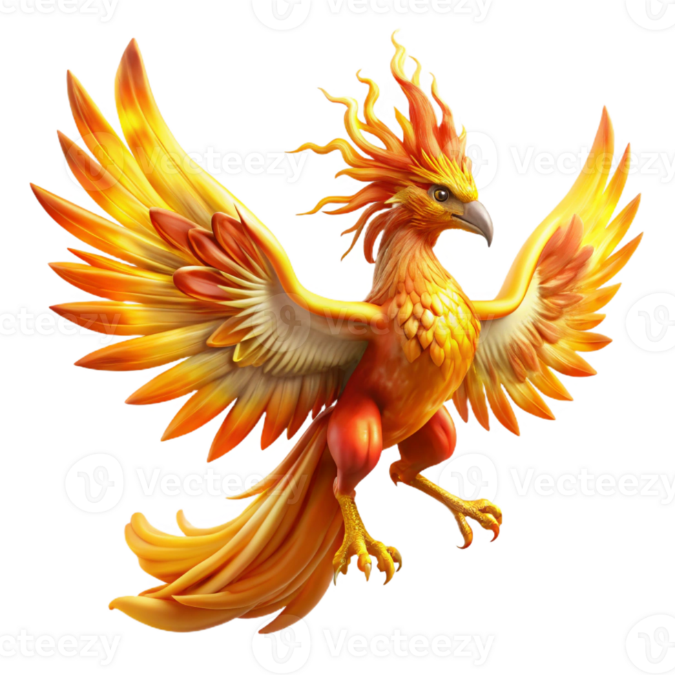 magnificent minimalist A majestic phoenix with fiery plumage, rising from ashes, bathed in golden light. Epic fantasy style premium png