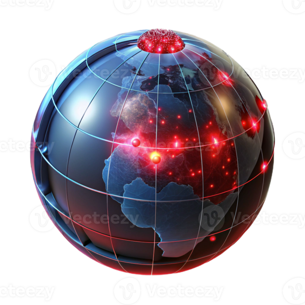 magnificent modern A holographic projection of planet Earth fracturing into digital pixels, illuminated by pulsating red alert lights, in a cyberpunk style 4K png