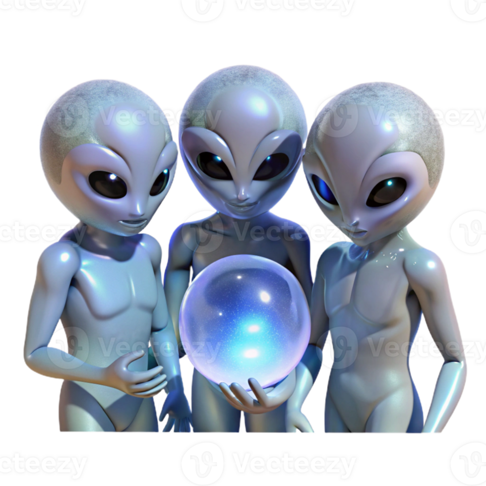 elegant vintage A group of aliens with translucent skin gathers around a glowing orb, their bodies illuminated from within. Ethereal lighting, mystical style professional png