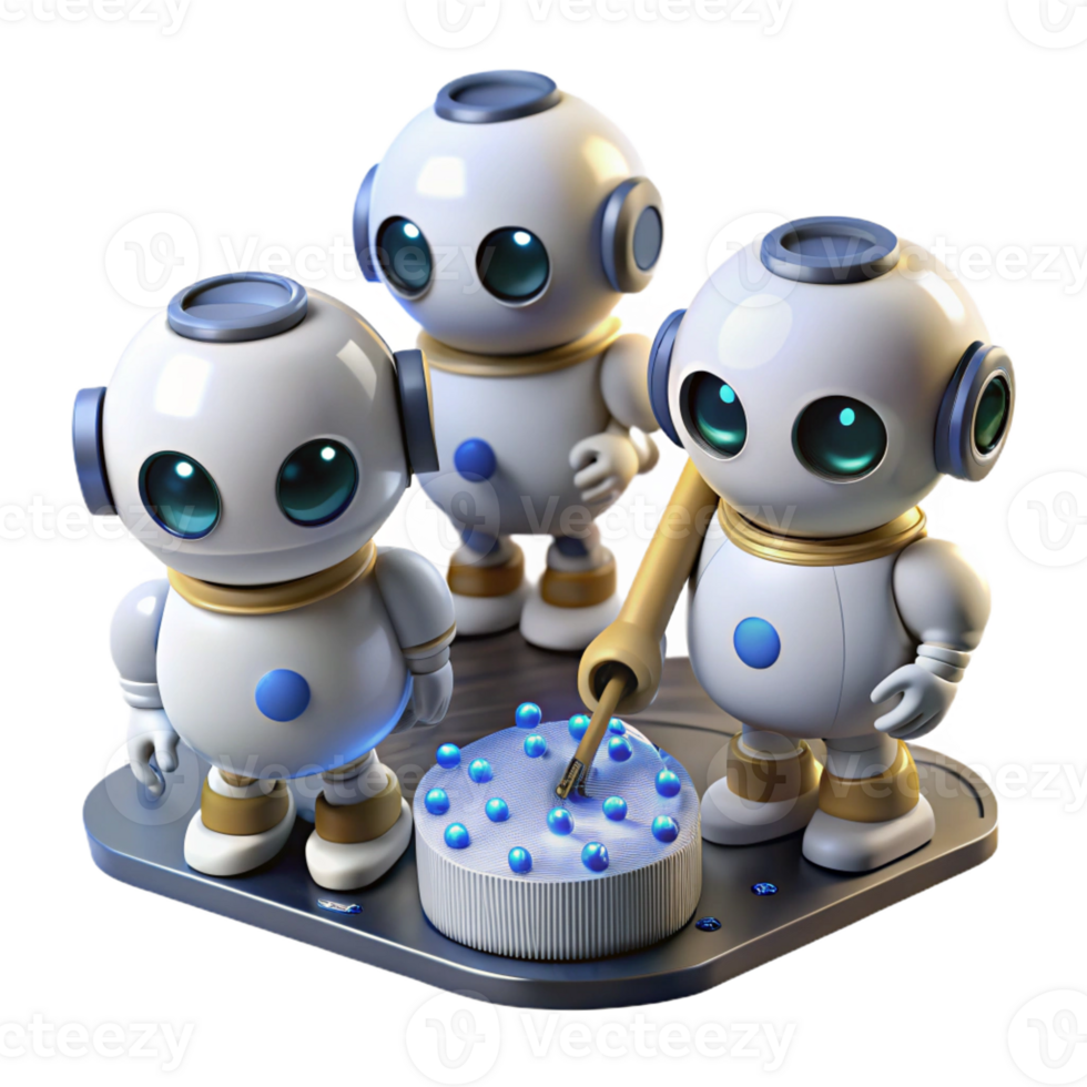 impressive creative A group of miniature cleaning robots, spherical and white, scrubbing a circuit board with tiny brushes, under bright, focused LED lights. Photorealistic style detailed png