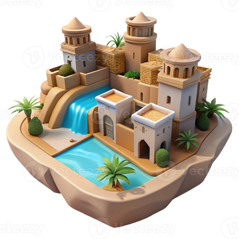 vibrant artistic Desert oasis city, sandstone buildings carved into cliffs, midday sun, turquoise pools, Moorish architectural influences 4K png