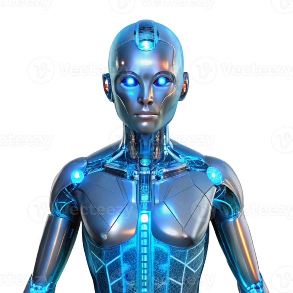 beautiful artistic A transparent humanoid android with glowing circuitry, intricate internal mechanisms visible, ethereal blue backlighting, futuristic style 4K png