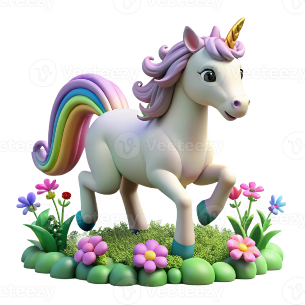 stunning abstract A playful unicorn prancing through a field of wildflowers, rainbow lighting, fantasy art, whimsical style professional png