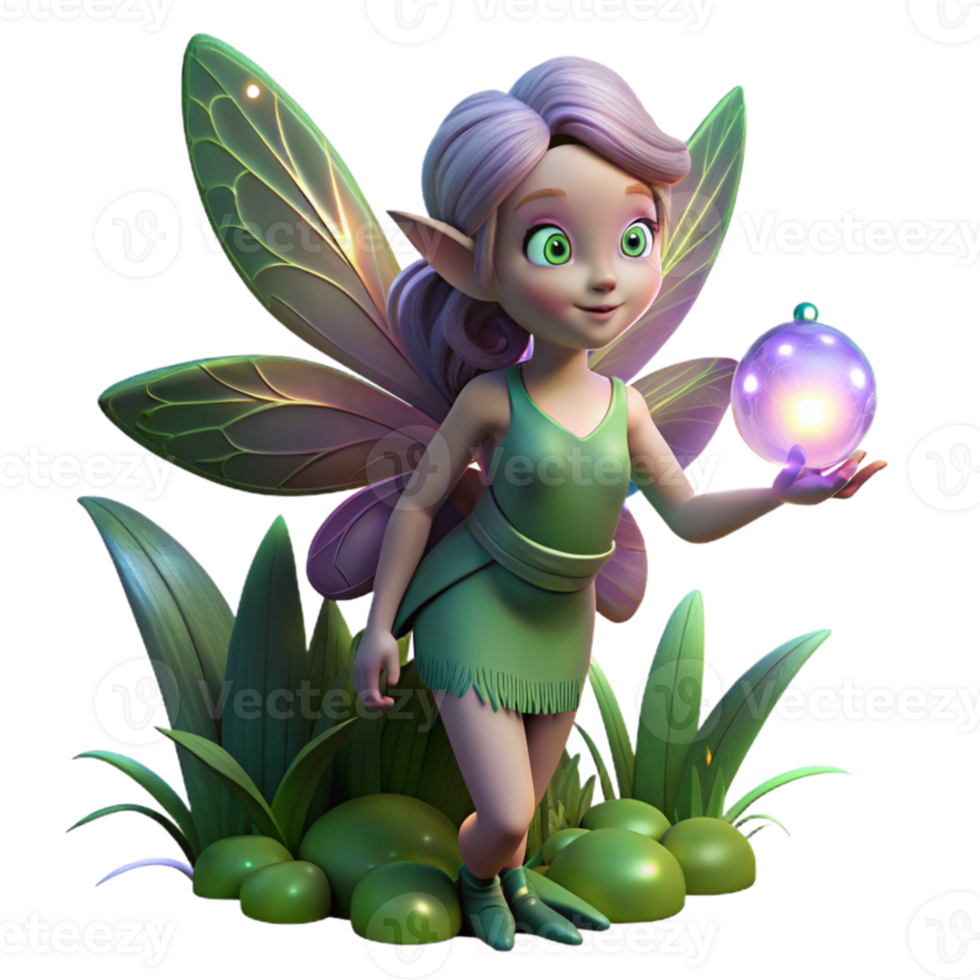 elegant classic A whimsical pixie with iridescent wings, holding a glowing orb, surrounded by fireflies in a twilight forest, digital art 4K png
