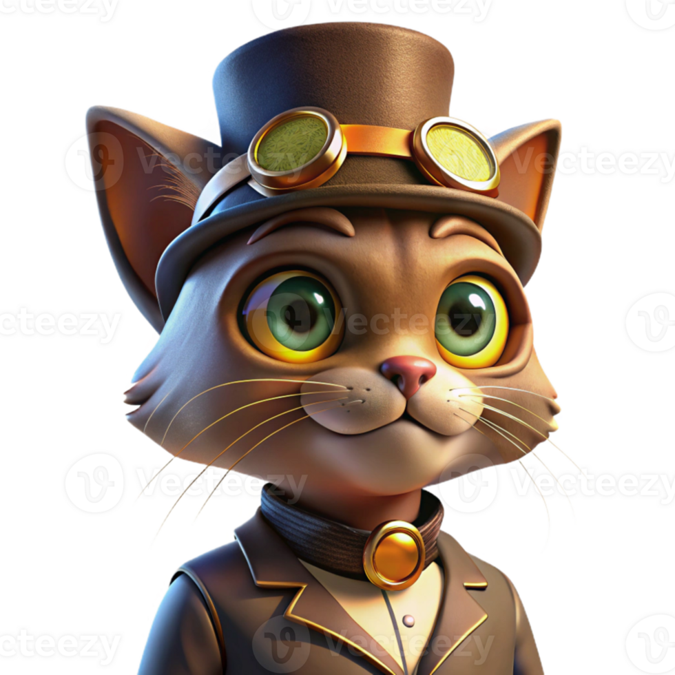beautiful abstract A portrait of a steampunk cat wearing goggles and a tiny top hat, illuminated by a warm, inviting light. Vintage illustration style detailed png