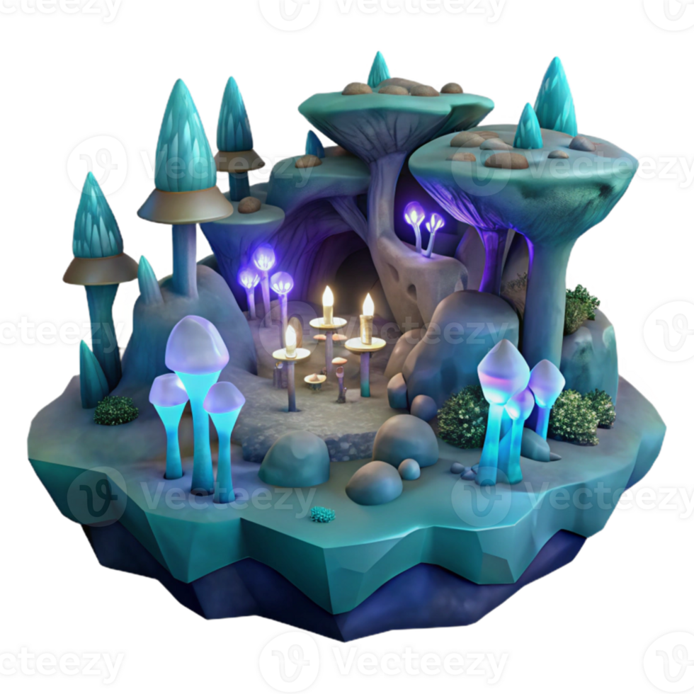 impressive contemporary Underground city lit by bioluminescent fungi, cavernous spaces, fantasy art style, atmospheric lighting authentic png