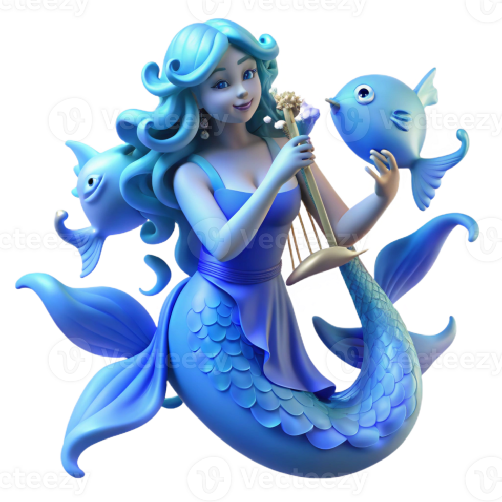 serene traditional A serene siren, with scales of pearlescent blue, singing an enchanting melody, surrounded by swirling schools of bioluminescent fish. Art Nouveau style 4K png
