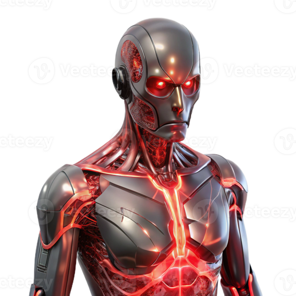 stunning rustic A humanoid robot with translucent skin revealing complex internal circuitry, illuminated by a pulsing, red light. Biopunk style original png