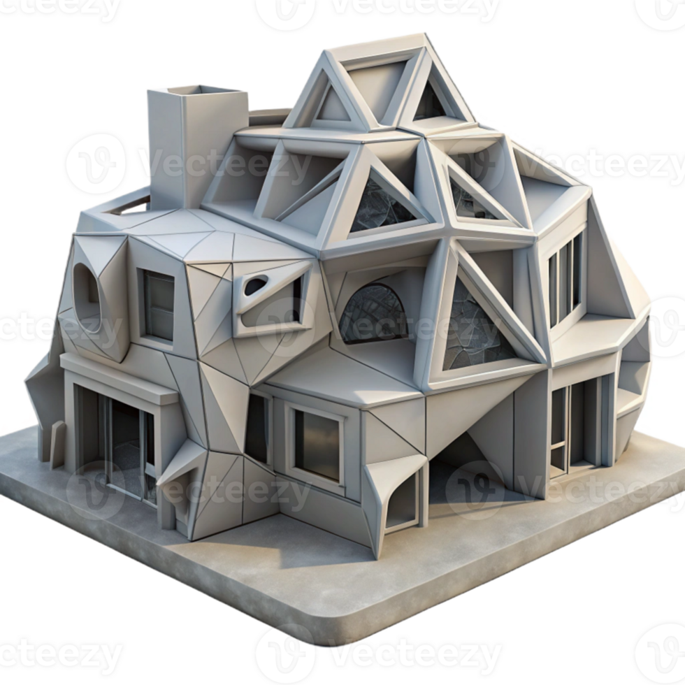 extraordinary vintage 3D-printed house, complex geometric patterns, concrete material, overcast lighting, futuristic architecture high resolution png
