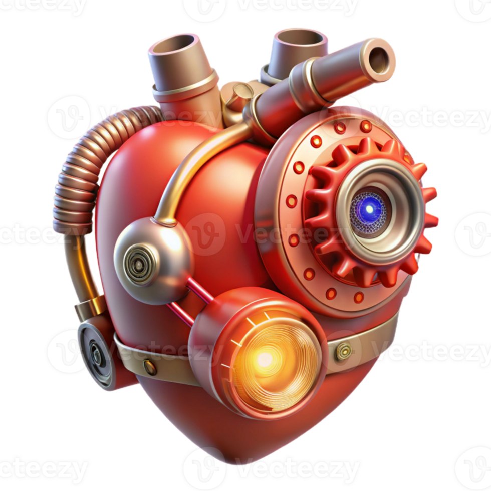 vibrant contemporary A steampunk-style mechanical heart, with gears, pistons, and glowing tubes, illuminated by a pulsating red light. Surreal style genuine png