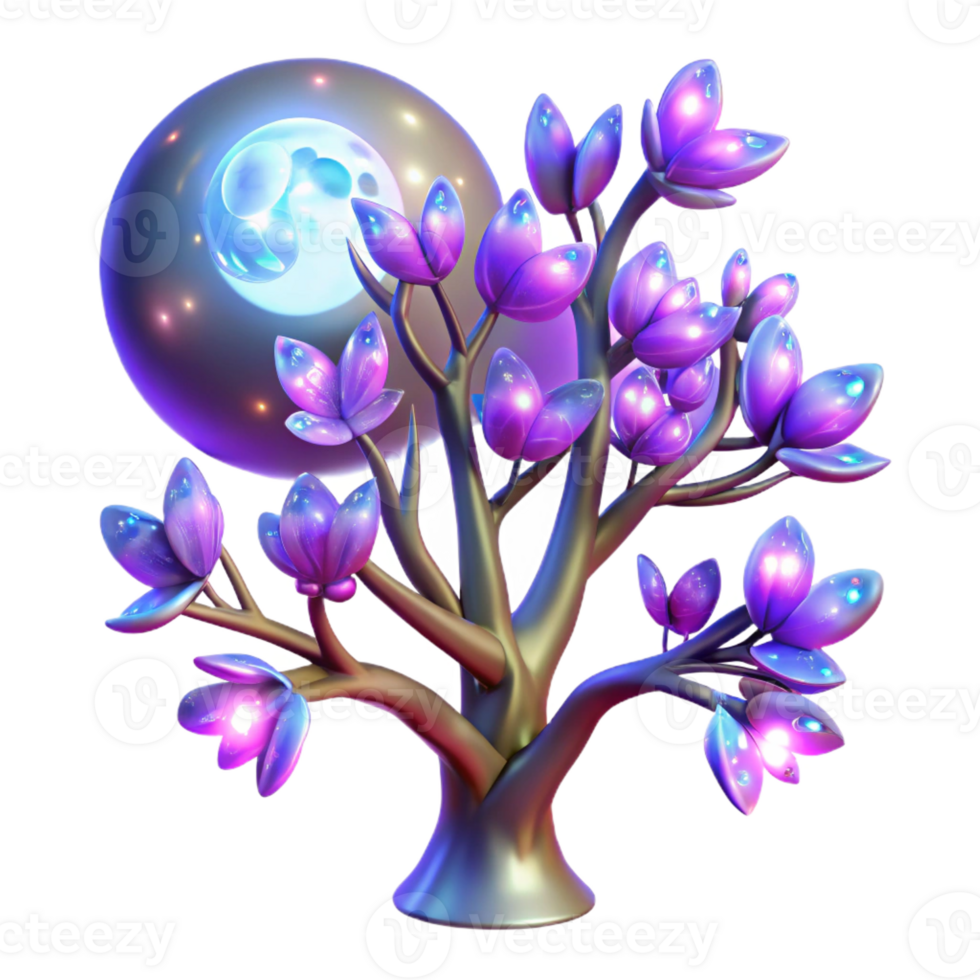serene minimalist A fractal tree with branches made of lightning and leaves of iridescent butterflies, illuminated by a full moon, in a psychedelic art style, detailed png
