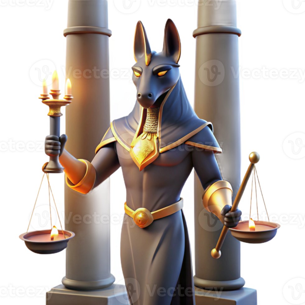 magnificent abstract An enigmatic Anubis, with the head of a jackal, holding the scales of justice, in a dimly lit temple, illuminated by flickering torches. Egyptian art style professional png