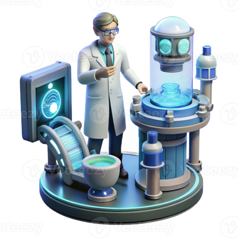 impressive modern A scientist working in a futuristic laboratory, surrounded by holographic displays and complex machinery, cool and clinical lighting, concept art style original png