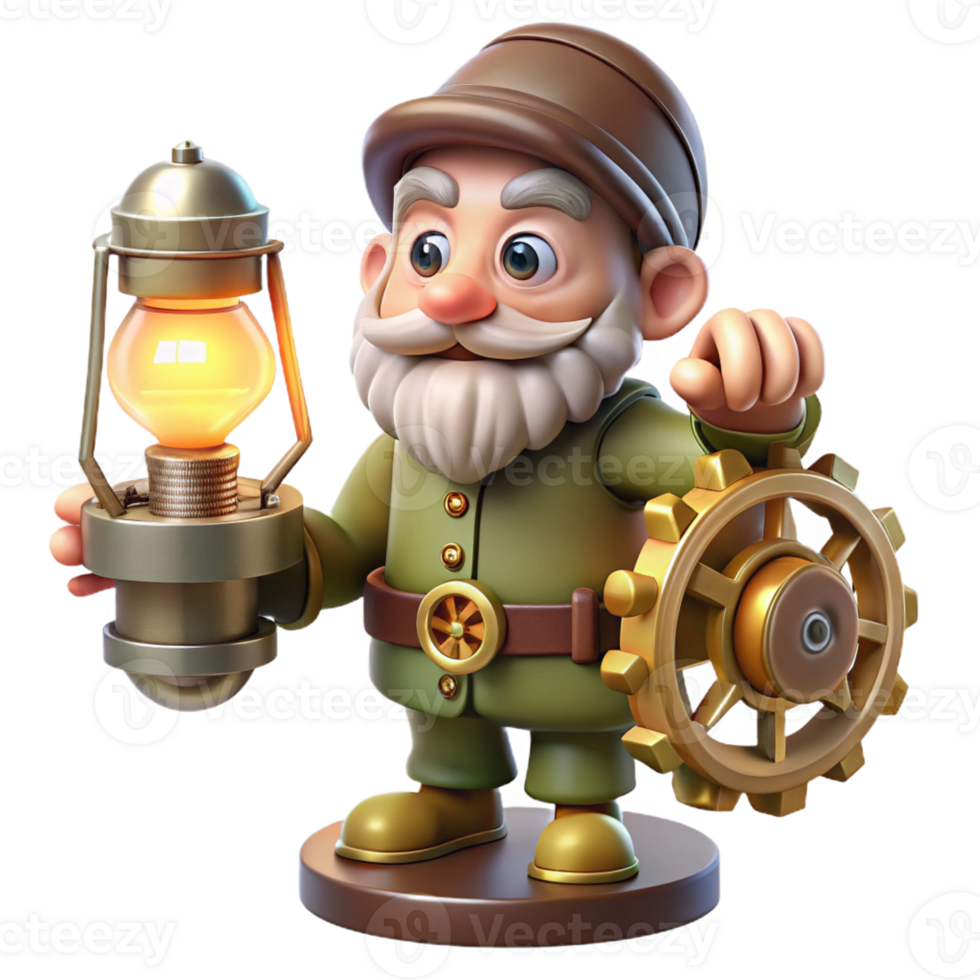 stunning classic A curious gnome tinkering with clockwork gears and springs, illuminated by the warm light of a workshop lamp. Steampunk style original png