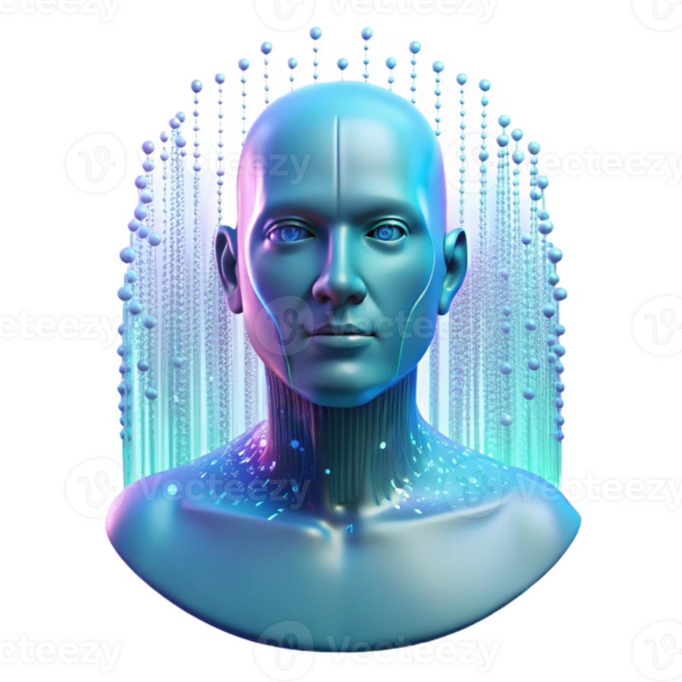 stunning abstract A holographic projection of a human face flickers in the air, surrounded by streams of binary code. Ambient lighting, digital art style high resolution png