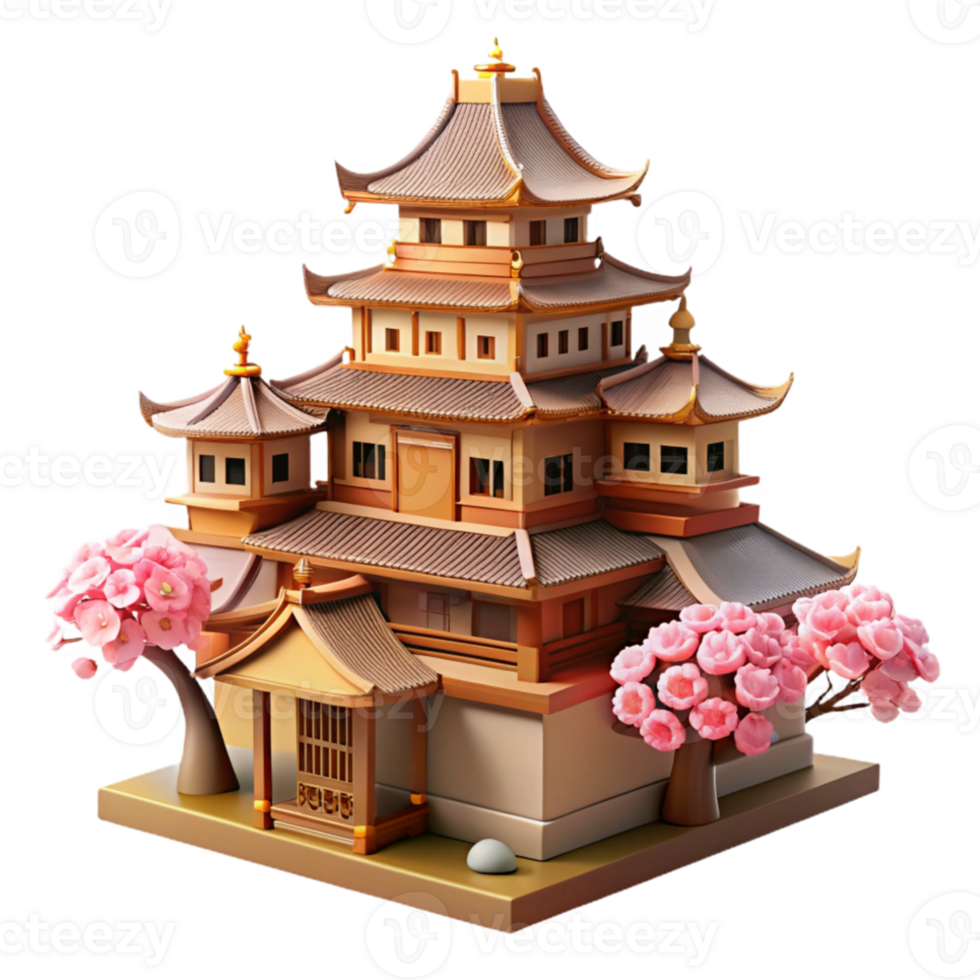 elegant vintage Traditional Japanese castle, intricate wooden details, cherry blossoms in the foreground, soft lighting original png