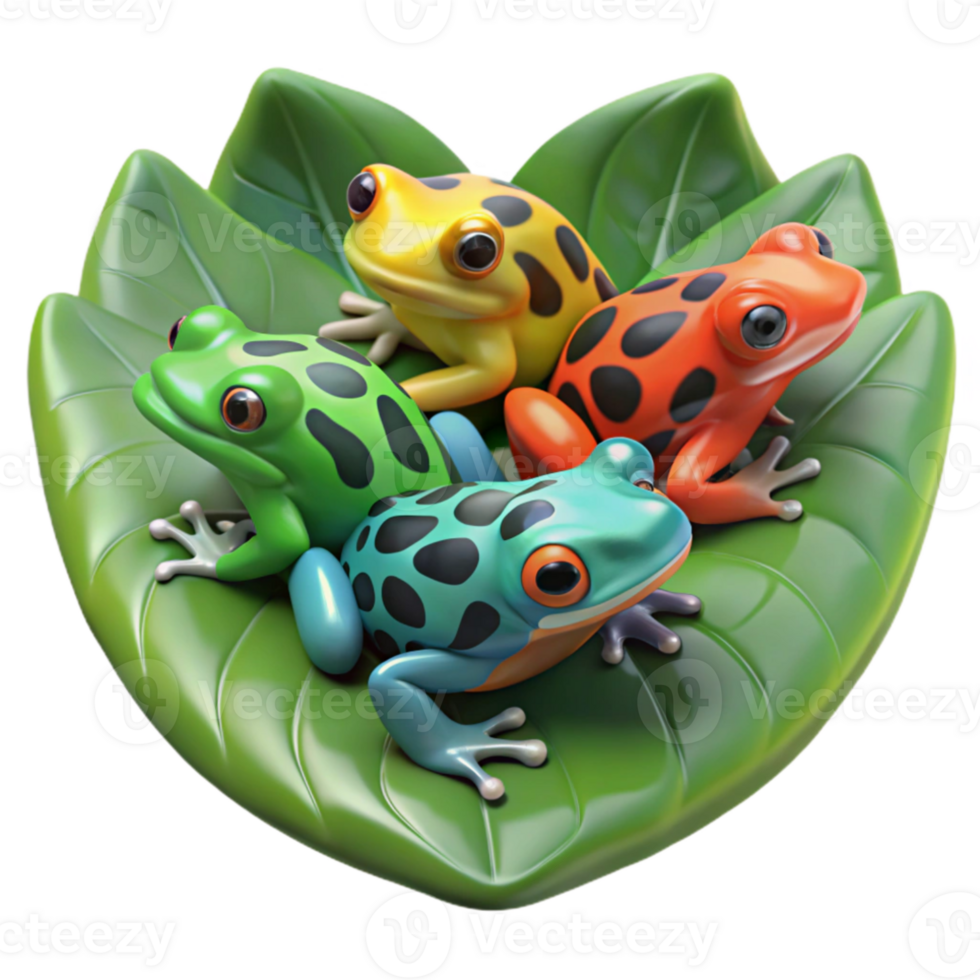 impressive abstract A group of colorful poison dart frogs clustered on a large leaf, rainforest setting, vibrant and detailed 4K png