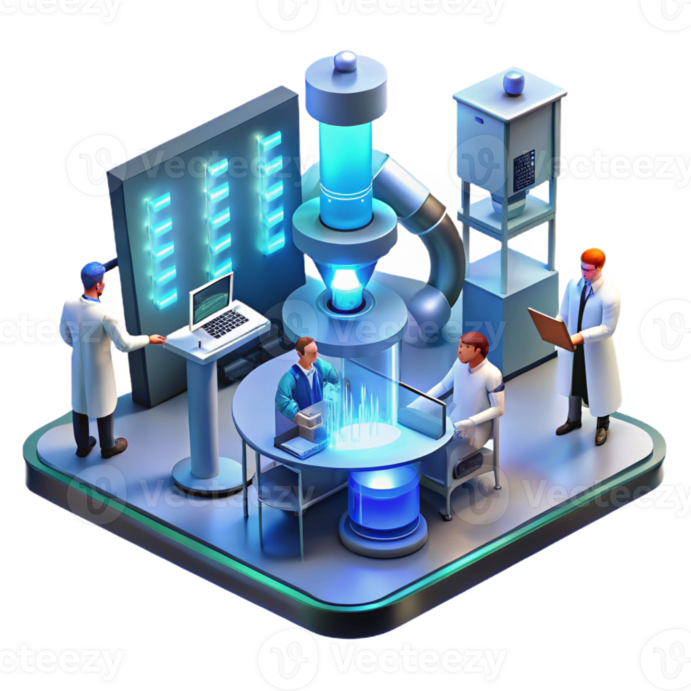 stunning abstract A futuristic laboratory filled with advanced technology, scientists working in the background, bright and sterile lighting high resolution png