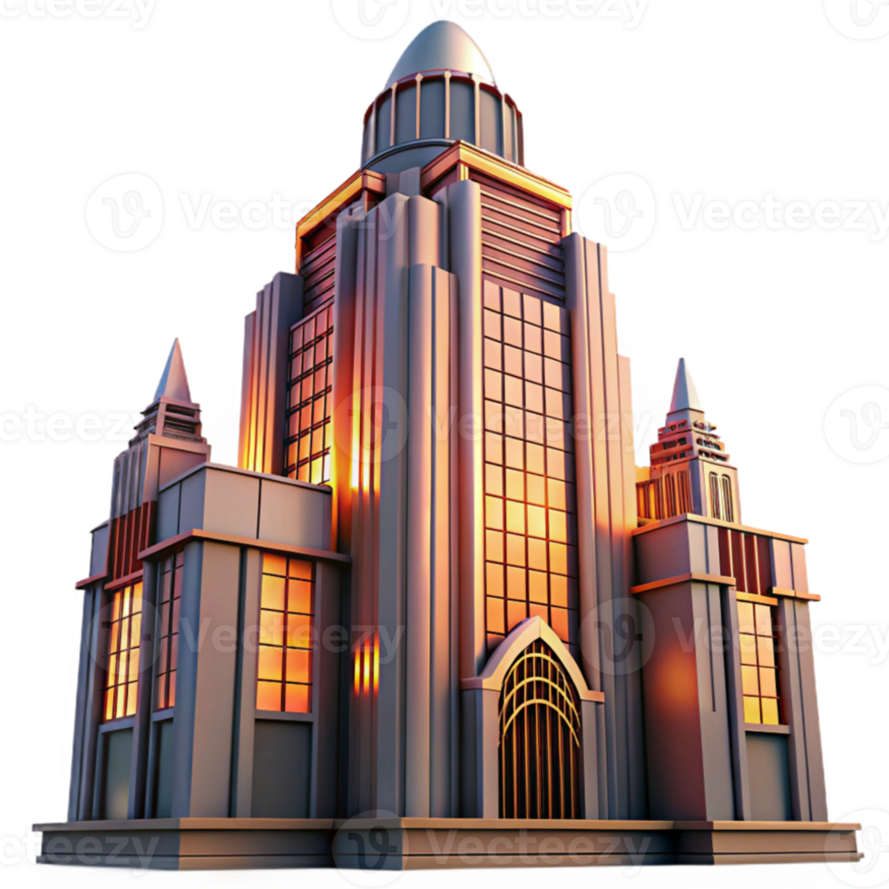 elegant classic Art Deco skyscraper, intricate geometric facade, chrome details, sunset lighting, volumetric lighting, cinematic style 4K png