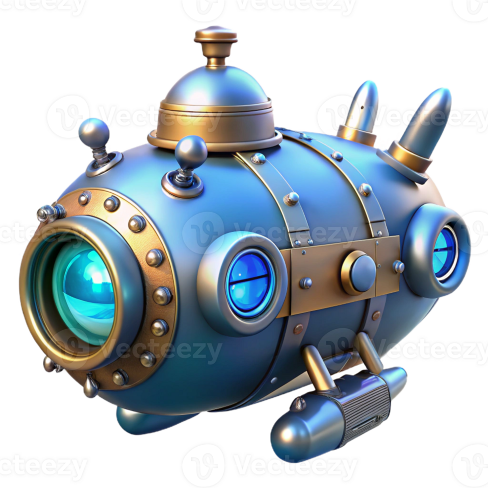 extraordinary creative A complex steampunk submarine, with portholes and intricate gears, underwater, blue-tinted lighting high quality png