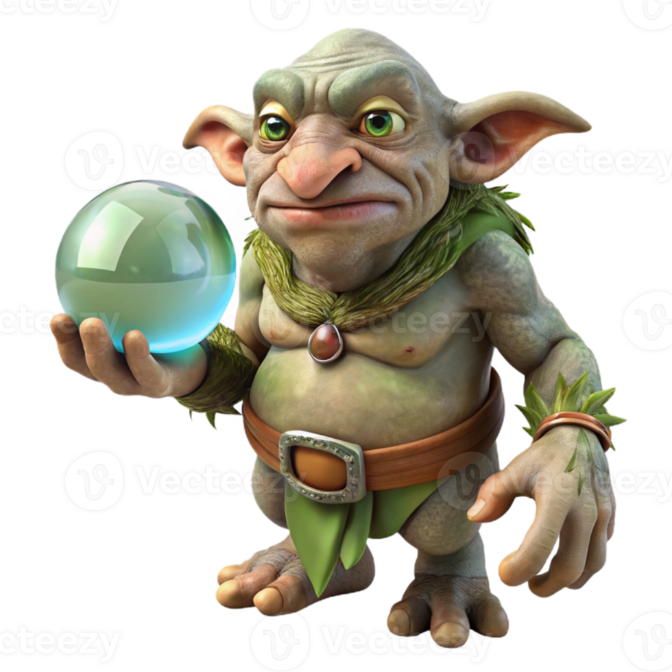 dramatic vintage A wise old troll, with skin of granite and moss, holding a glowing crystal ball, in a dark cave lit by bioluminescent fungi. Digital art style original png