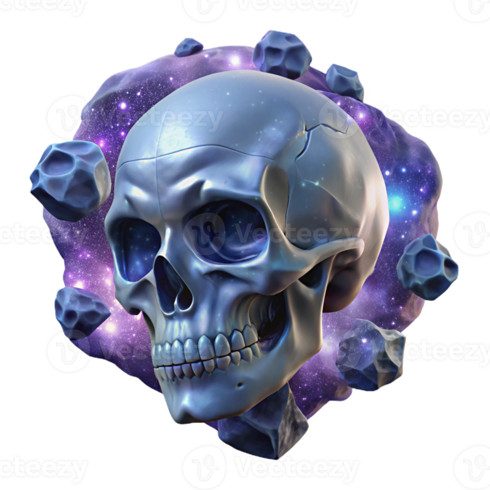 magnificent classic A giant, crystalline skull floating in a sea of cosmic nebulae, in a dark fantasy art style, high quality png