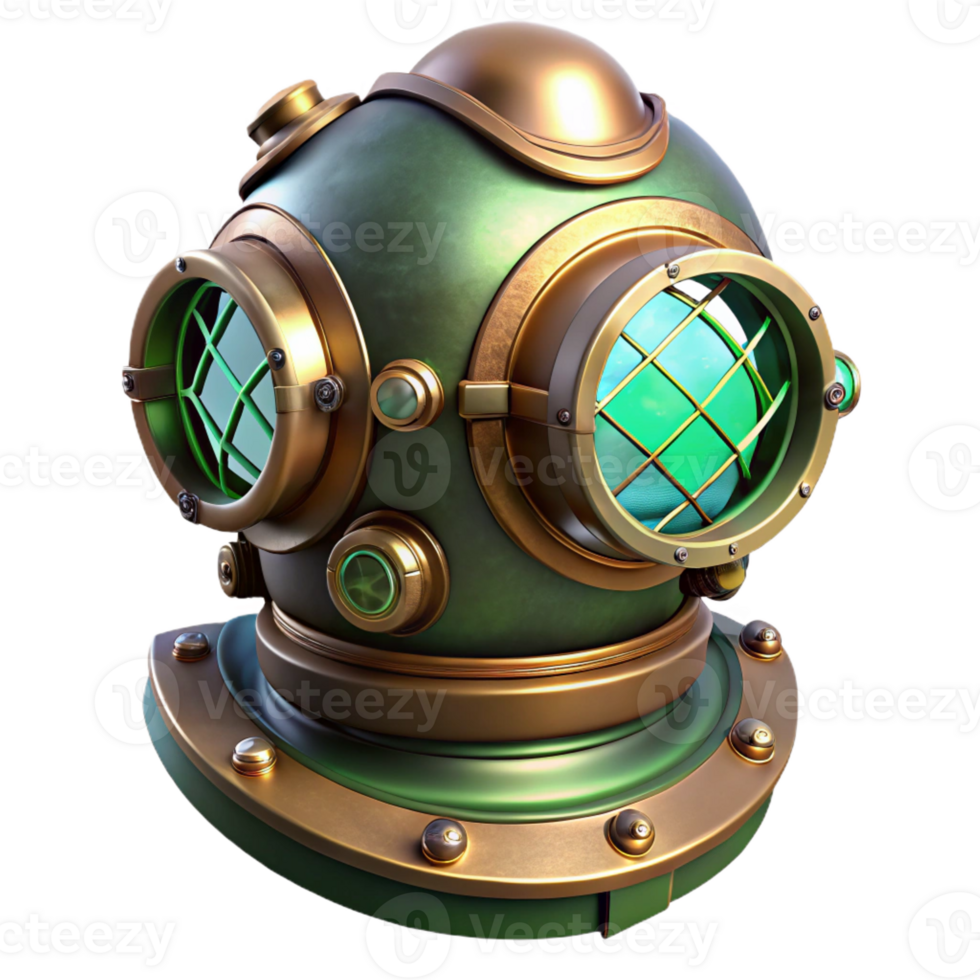 serene rustic A steampunk diving helmet, with large, circular lenses and brass fittings, lit by the underwater, green-tinged light genuine png