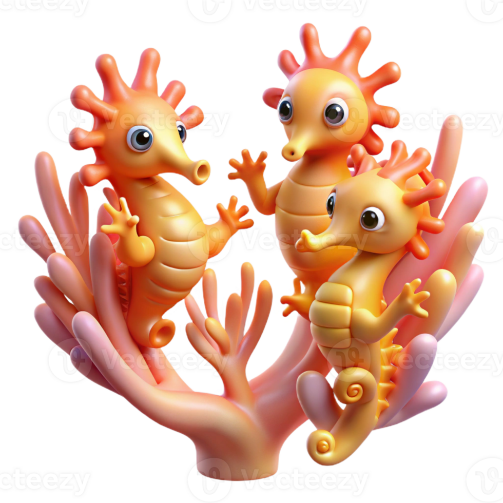 wonderful rustic A group of seahorses dancing around a vibrant coral branch, warm, inviting lighting, playful, children's book illustration style, genuine png