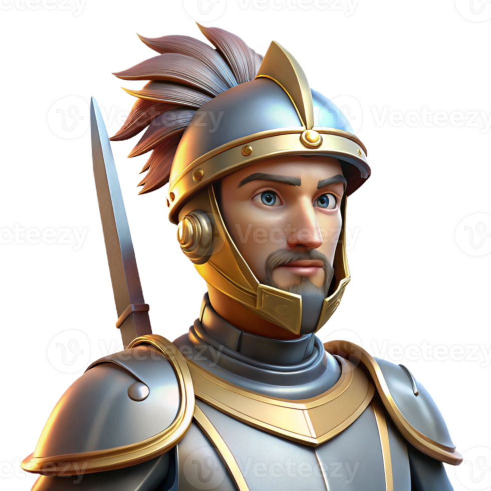 serene artistic Portrait of a noble knight in shining armor with a plumed helmet, a chivalrous expression, and a gleaming sword, lit by bright sunlight professional png