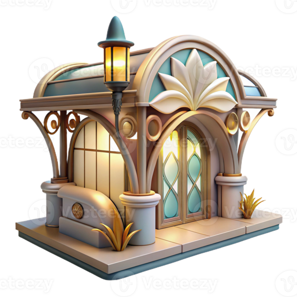 elegant minimalist Art Nouveau metro station, flowing lines, floral motifs, stained glass, soft lighting, art deco style professional png