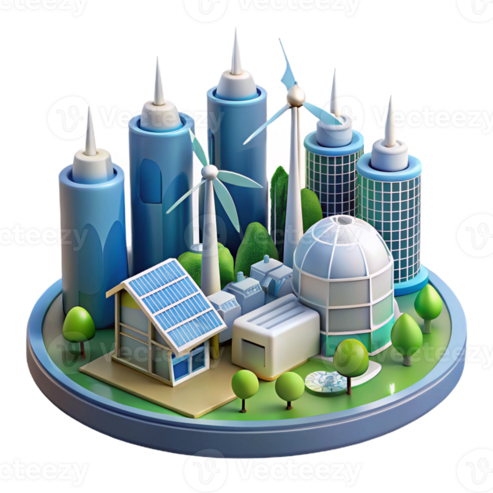 dramatic classic A futuristic city powered by renewable energy, with wind turbines and solar panels gleaming in the sunlight. Eco-futurism, architectural rendering style premium png