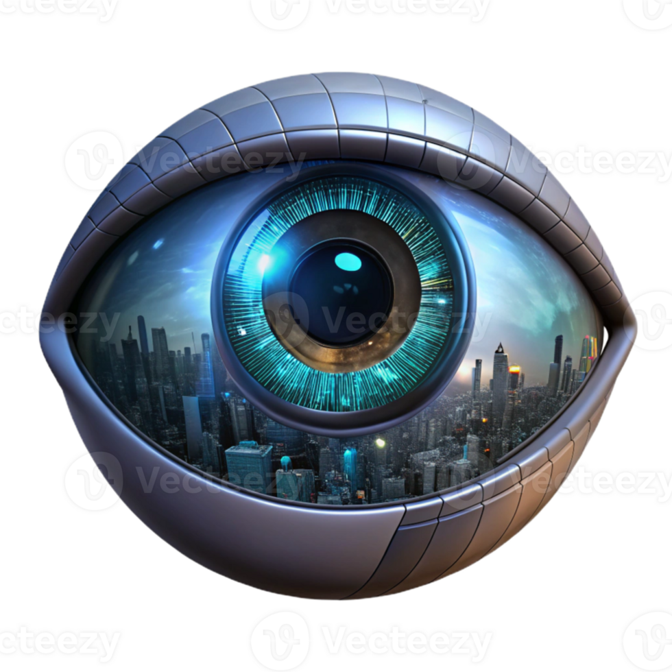 vibrant artistic A close-up of a cyborg eye, glowing with intricate circuitry, reflecting a digital cityscape, hyperrealistic, dark and moody lighting genuine png