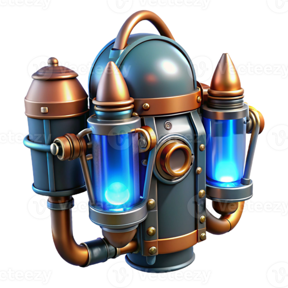 impressive abstract A detailed illustration of a steampunk jetpack with copper pipes and glowing blue thrusters, dramatic, backlit lighting exclusive png