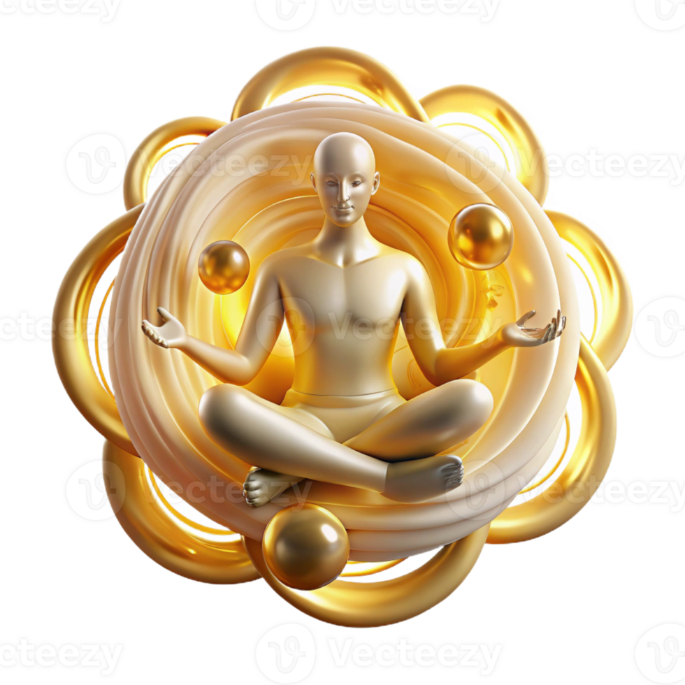 wonderful creative A levitating, meditating figure surrounded by swirling mandalas of energy, lit by a soft, golden aura, Spiritual Art style high resolution png