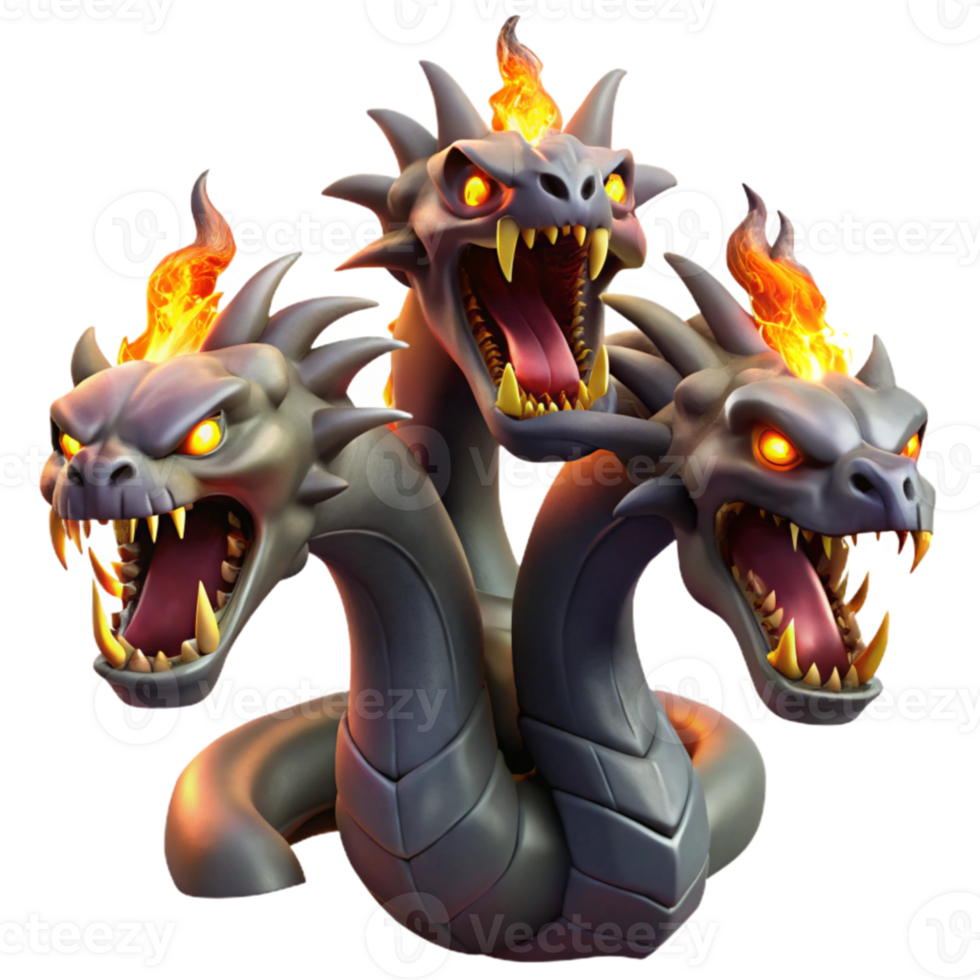 wonderful rustic A menacing hydra with multiple heads, breathing fire, dark fantasy art high quality png