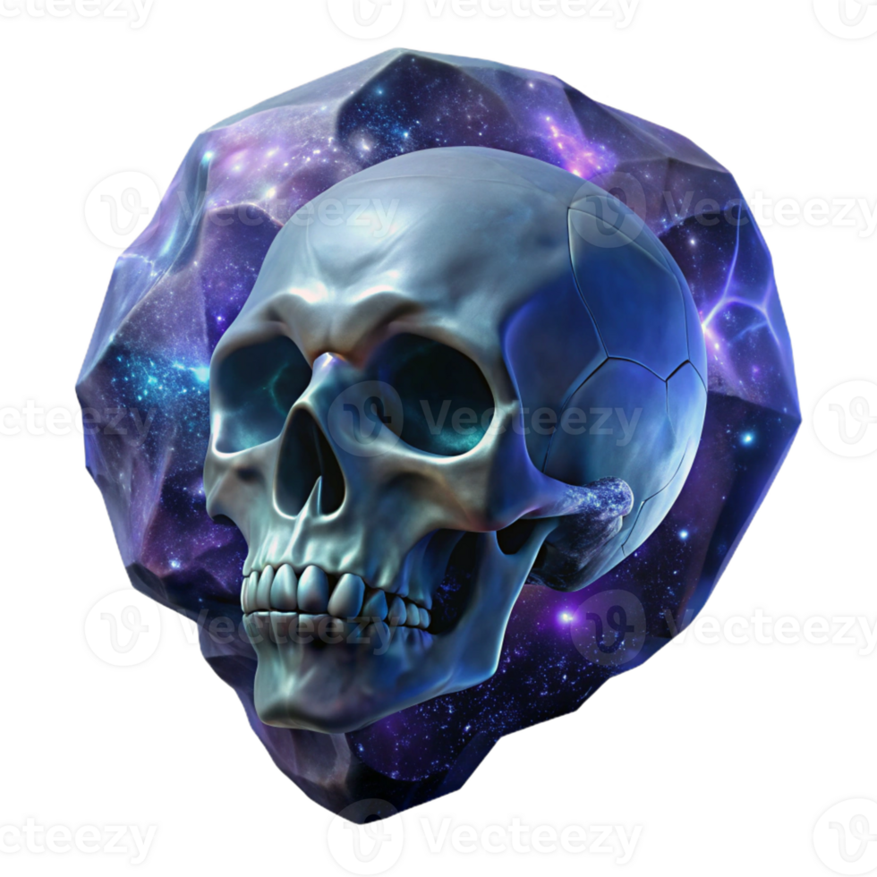 serene minimalist A giant, crystalline skull floating in a sea of cosmic nebulae, in a dark fantasy art style, detailed png