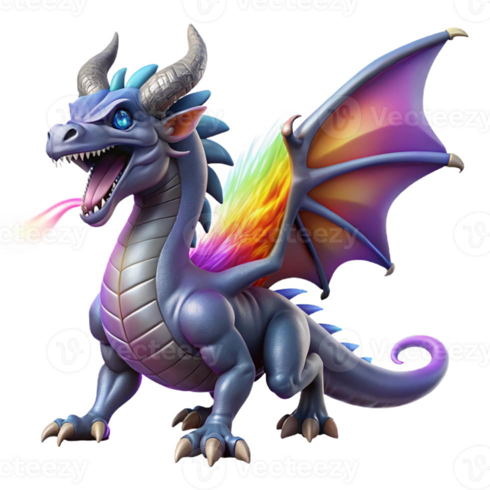 dramatic minimalist A powerful dragon with scales of amethyst and sapphire, breathing a stream of rainbow fire, under a stormy sky. Epic fantasy style, dramatic lighting detailed png
