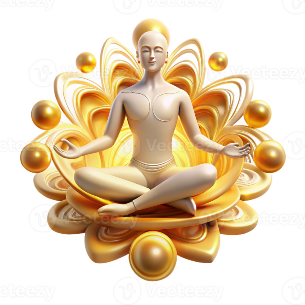 serene modern A levitating, meditating figure surrounded by swirling mandalas of energy, lit by a soft, golden aura, Spiritual Art style premium png