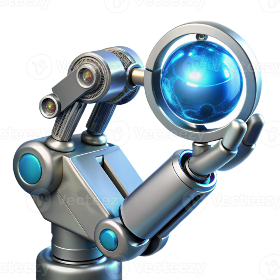 elegant rustic A chrome robotic arm delicately holding a glowing orb of data, intricate wires and circuitry visible beneath its polished surface, lit by a soft blue neon light. Cinematic style premium png