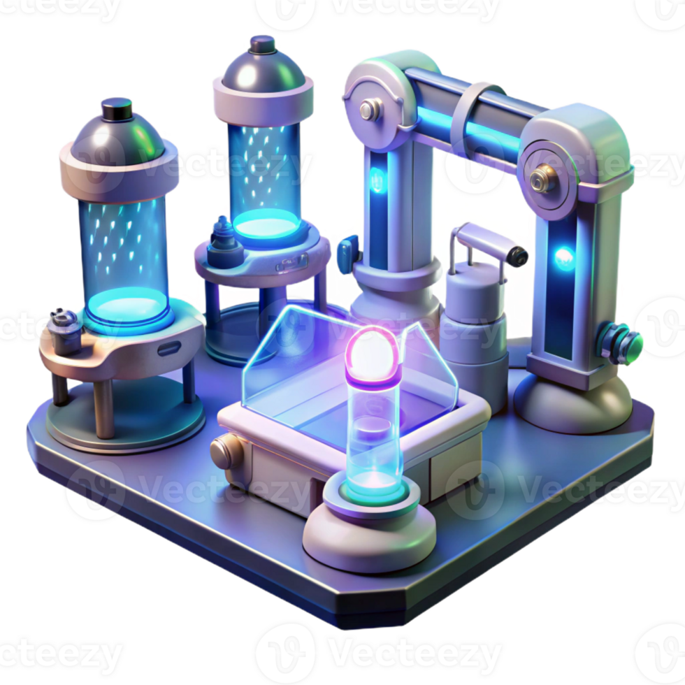 impressive traditional A futuristic laboratory with glowing equipment, holographic displays, and robotic arms, illuminated by a cool, sterile light in a scientific style premium png