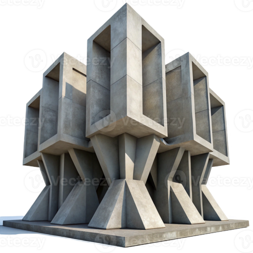 extraordinary artistic Brutalist concrete structure, massive forms, geometric patterns, stark shadows, urban landscape, architectural photography high quality png